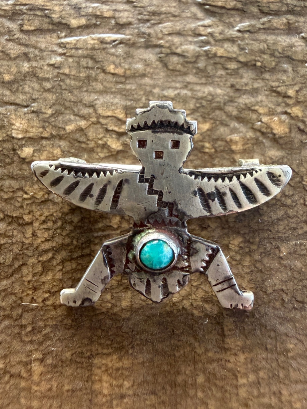 Vintage Native Navajo Handmade Knifewing Sterling Silver Turquoise Brooch Pin
